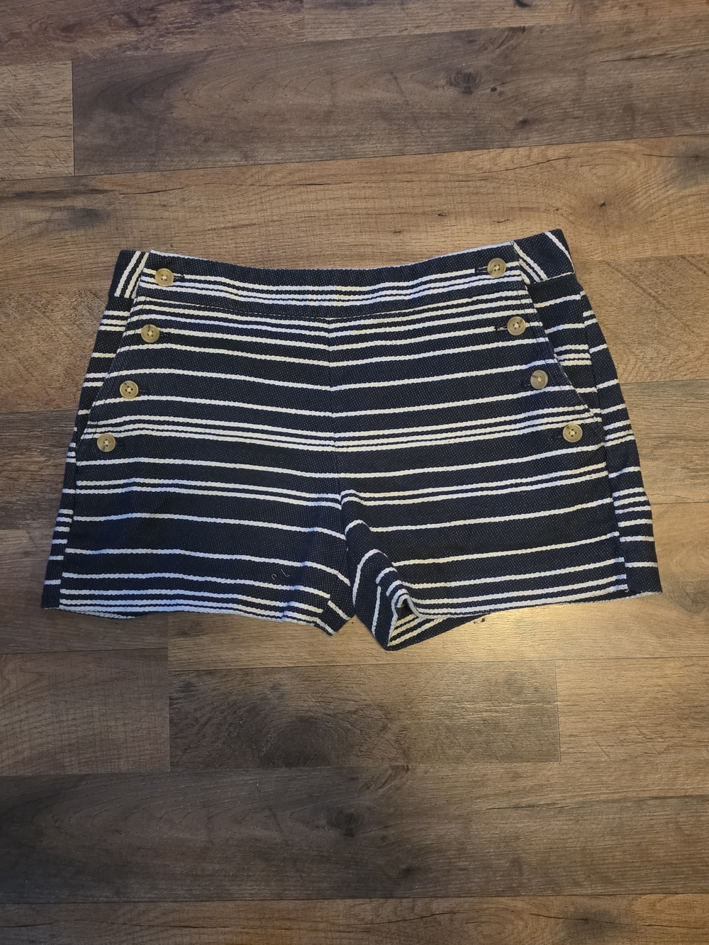 Banana Republic Navy and White Striped High-Waist Shorts with Buttons